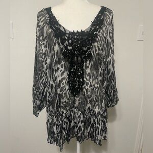 Alberto Makali semi sheer animal print w/ crochet beading & stud details EUC